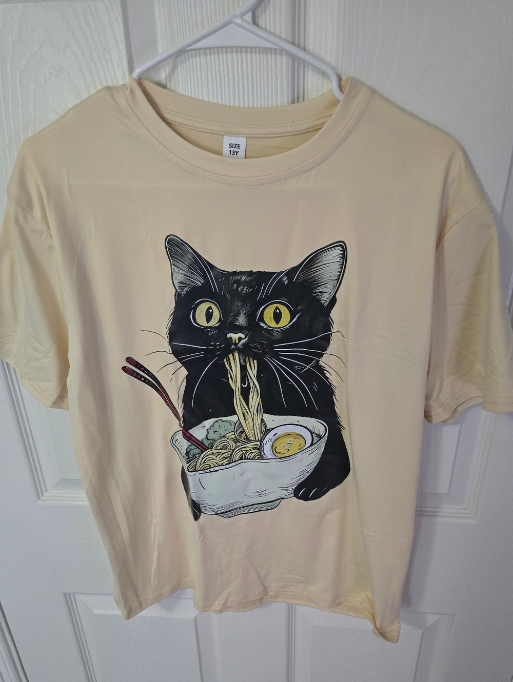 NWOT Shein Girls Beige Cat Eating Ramen Short Sleeve Oversized Tee 13Y